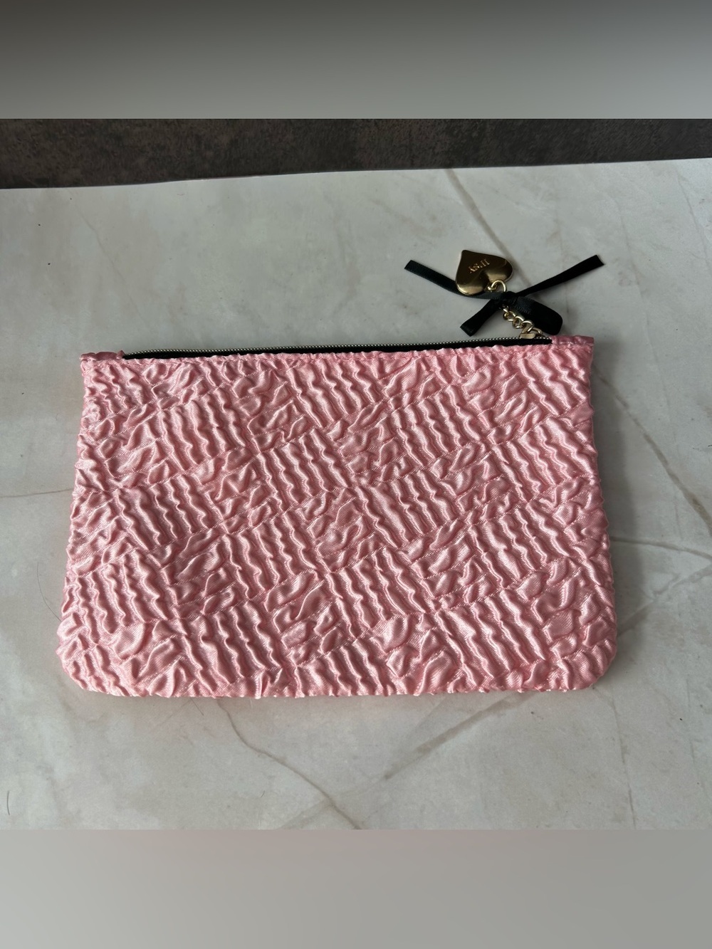ipsy Pink Ruched Satin Zip Cosmetic Pouch with Gold Heart Charm